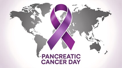 Purple ribbon symbolizes global awareness for pancreatic cancer day on world map background