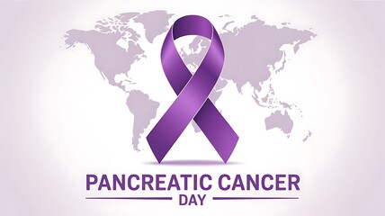 Purple ribbon symbolizing pancreatic cancer awareness day on a world map background