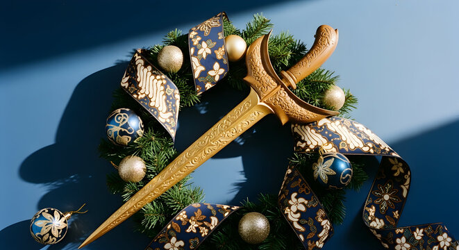 A golden Javanese Keris dagger masterfully placed across an elegant green Christmas wreath decorated with batik patterned ribbons