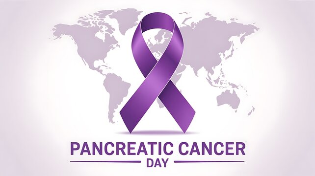 Purple ribbon symbolizing pancreatic cancer awareness day on a world map background