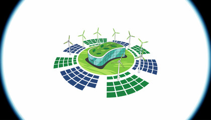 Green Eco-Friendly Smart Building Powered by Renewable Energy: Solar Panels and Wind Turbine Farm Illustration
