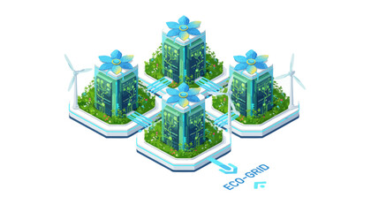 Sustainable Eco-Grid Data Center Network. Isometric illustration of green server racks powered by wind energy and ecological connections.