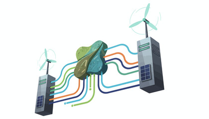 Green Technology Concept: Data Flow from Renewable Energy Towers to an Organic Cloud Core Representing Sustainable Computing Infrastructure.