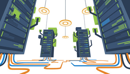Scalable Data Center Infrastructure Illustration with Server Racks and Flowing Network Cables