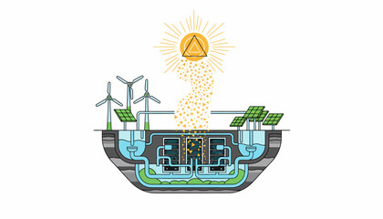 Renewable Energy Cycle Infographic: Solar, Wind Power Generation and Underground Storage Concept