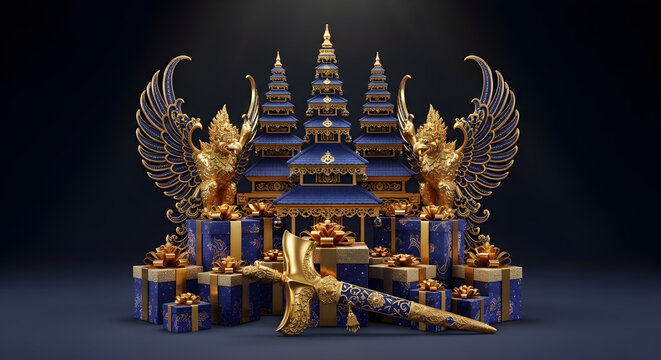 Majestic holiday display featuring a Christmas tree inspired by traditional Javanese temple architecture in royal blue and gold colors, flanked by golden mythical Garuda statues