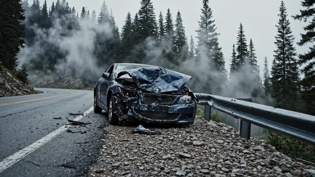 Blue car with heavy front impact damage on side of mountain road. Vehicle accident and crash, traffic risk concept. footage.