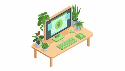 Green Technology Workspace: Isometric Desk Setup with Potted Plants, Promoting Sustainability and Biophilic Design