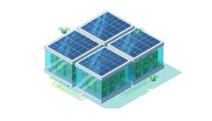 Green Sustainable Data Center Powered by Solar Energy - Isometric Server Farm with Vertical Farming and Eco-Friendly Cooling