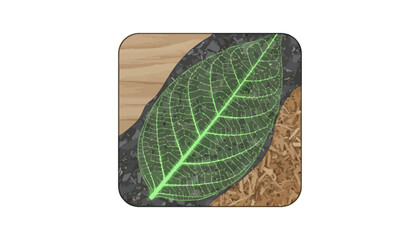 Neon Green Bio-Design Leaf Icon: Sustainable Technology Fused with Wood, Gravel, and Mulch