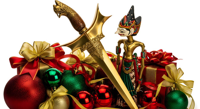 Cultural Christmas display showing a golden Javanese Keris and Wayang Kulit puppet nestled among classic red and green holiday ornaments