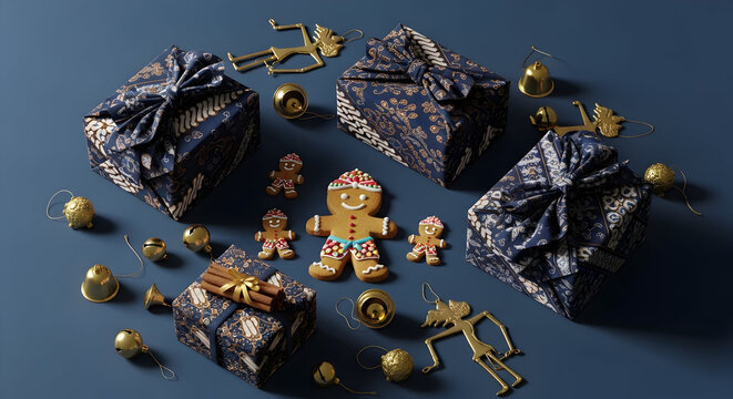Beautiful festive flatlay of Christmas gifts in batik wrapping, cute gingerbread men in traditional blangkon, and rustic pinecones on a blue surface