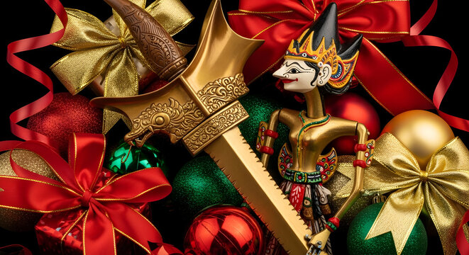 Cultural Christmas display showing a golden Javanese Keris and Wayang Kulit puppet nestled among classic red and green holiday ornaments