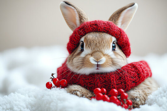 Adorable rabbit wearing a cozy red scarf, surrounded by winter vibes and softness, perfect for seasonal themes and animal lovers. - Powered by Adobe