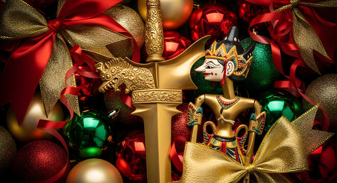 Cultural Christmas display showing a golden Javanese Keris and Wayang Kulit puppet nestled among classic red and green holiday ornaments