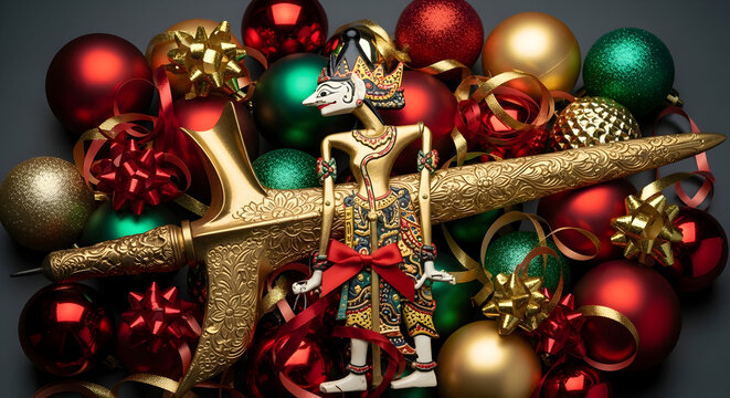 Cultural Christmas display showing a golden Javanese Keris and Wayang Kulit puppet nestled among classic red and green holiday ornaments
