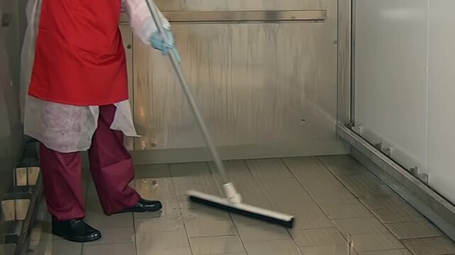 A person wearing protective gear cleans a floor made of planks with a squeegee. The room has stainless steel walls and the cleaning process leaves the surface spotless.