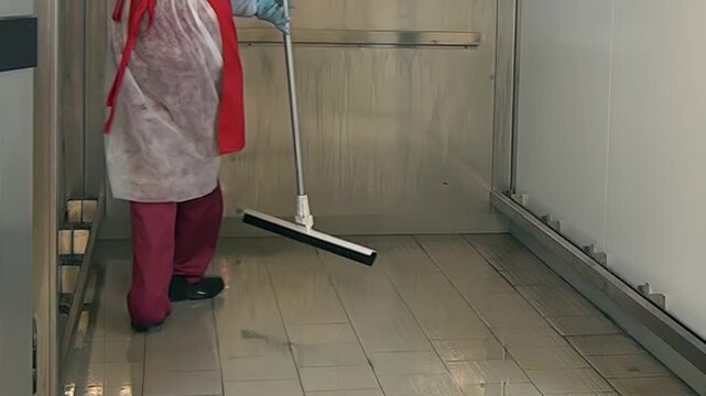 A person wearing protective clothing is wiping the wet floor in a food industry environment at daytime. They are using a squeegee to maintain cleanliness and hygiene.
