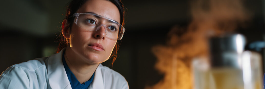 A female scientist intently observes a chemical experiment, embodying the spirit of exploration and innovation that defines modern scientific inquiry in laboratory environments.