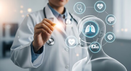 Futuristic medical diagnostics where a doctor touches a 3D projection of the body surrounded by health data.