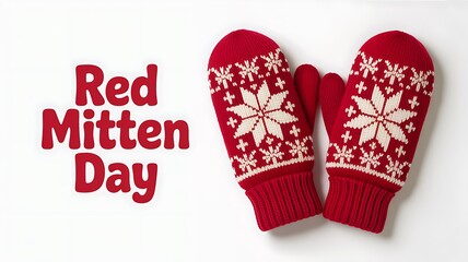 Cozy red knitted mittens with snowflake patterns celebrating red mitten day