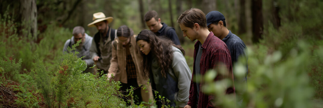 A diverse group of individuals examines various plants and foliage closely in a lush forest, embodying a sense of curiosity and collaboration during a nature exploration session.