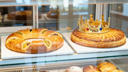 Two Epiphany cakes with decorative crown in bakery display case