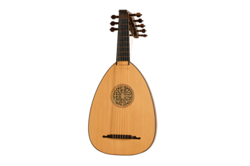 An elegant wooden Renaissance lute, a historical stringed musical instrument, isolated