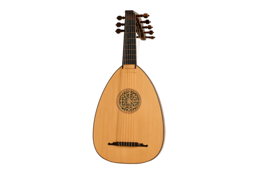 An elegant wooden Renaissance lute, a historical stringed musical instrument, isolated