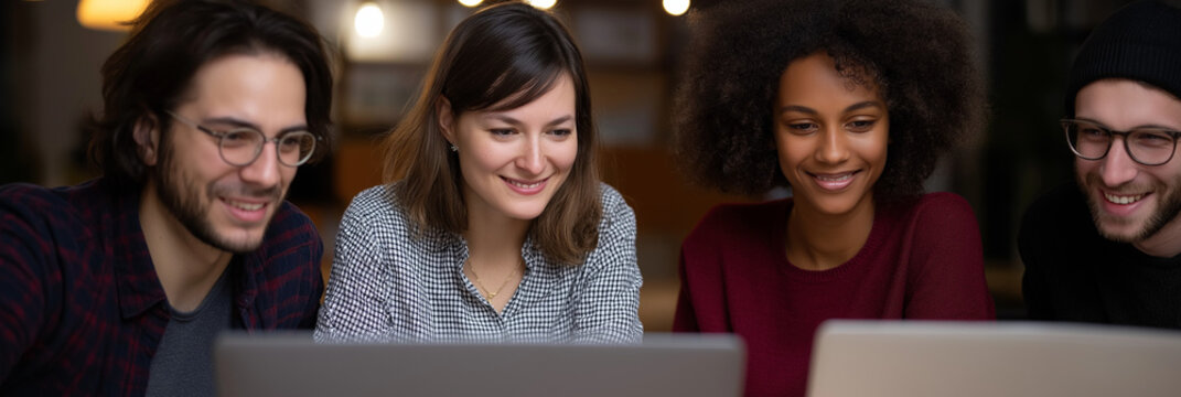 A diverse group of friends is seen enjoying a collaborative moment as they engage with laptops in a cozy, intimate atmosphere that fosters creativity and friendship.
