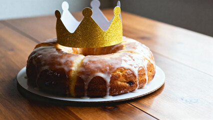 Glazed Epiphany cake with golden paper crown on wooden table
