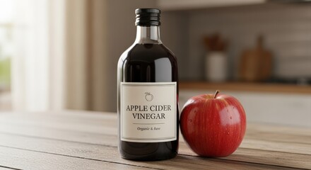 A bottle of apple cider vinegar with a label next to a fresh red apple on a wooden kitchen counter.