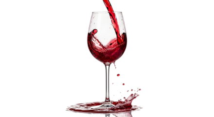 Red wine splashing into a tall glass isolated on transparent background