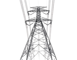 A low angle view of power transmission tower with lines against a black background