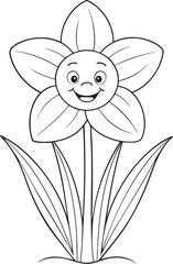 Cheerful daffodil flower outline drawing for coloring book and children's creative springtime activity