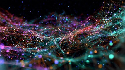 Colorful abstract digital network with floating particles and light trails - Powered by Adobe
