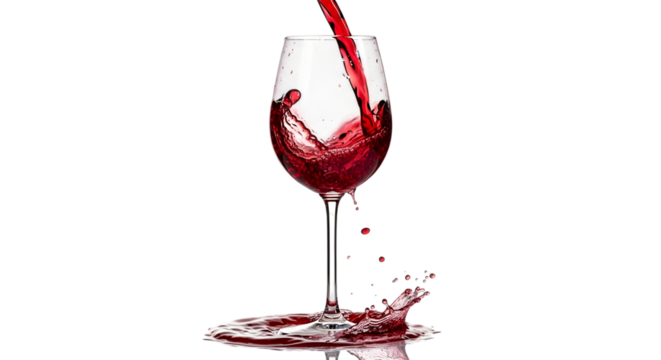 Red wine splashing into a tall glass isolated on transparent background