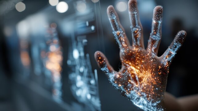 A futuristic image of a glowing hand interacting with digital technology, showcasing a blend of human and tech elements.