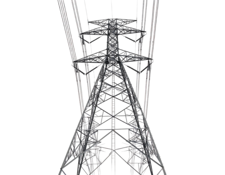A low angle view of power transmission tower with lines against a black background