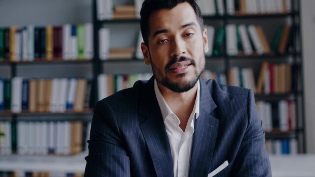 A man in a pinstriped suit gestures while seated at a table in a library filled with books. The man expresses confidence and authority, engaging in a discussion about important top