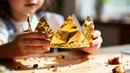 Child holding golden crown after eating Epiphany cake indoors