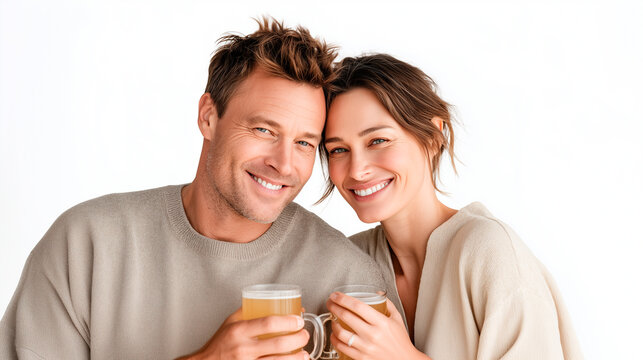 Happy couple enjoying drinks together, smiling warmly in a cozy, light-filled setting.