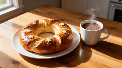 Star-decorated Epiphany cake with hot chocolate on sunlit table