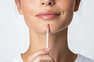 A close-up of a woman applying lip gloss, showcasing beauty and self-care with a natural look and soft lighting.
