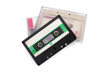 Old transparent compact vintage audio. Cassette tapes stacked isolated on white background.