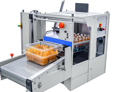 A machine moves a plastic tray of orange food on a conveyor belt for processing in its automated system - Powered by Adobe
