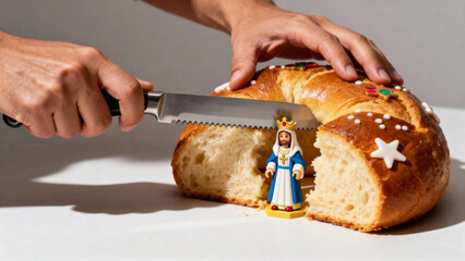 Slicing Rosca de Reyes reveals hidden king figurine inside cake