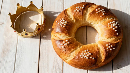 Traditional Epiphany cake with golden crown on white wooden table