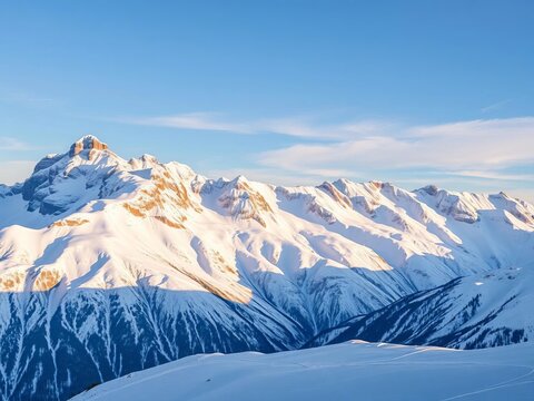 Snow-covered mountain range under a crisp winter sky, majestic peaks reach towards the heavens, mountain,  peaks - Powered by Adobe