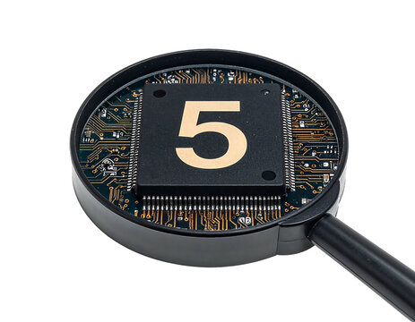 A magnifying glass reveals a CPU chip, displaying the number five on top. Isolated on black
